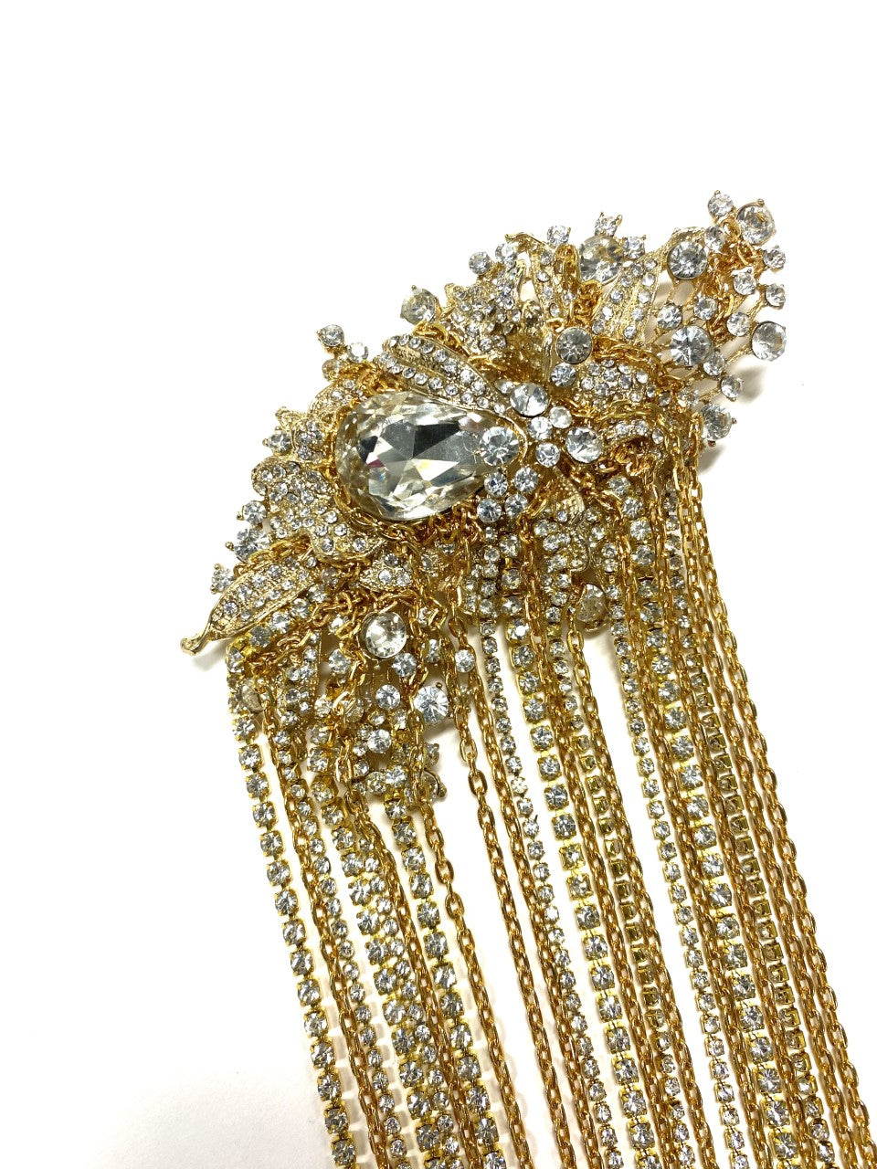 Gold Metal, brooch, crystal cascades, Statement, Artistic, One-of-a-kind, exclusive, and handcrafted, this piece is a unique and collectable work of art. Crafted with the finest quality materials, it is made in Toronto.