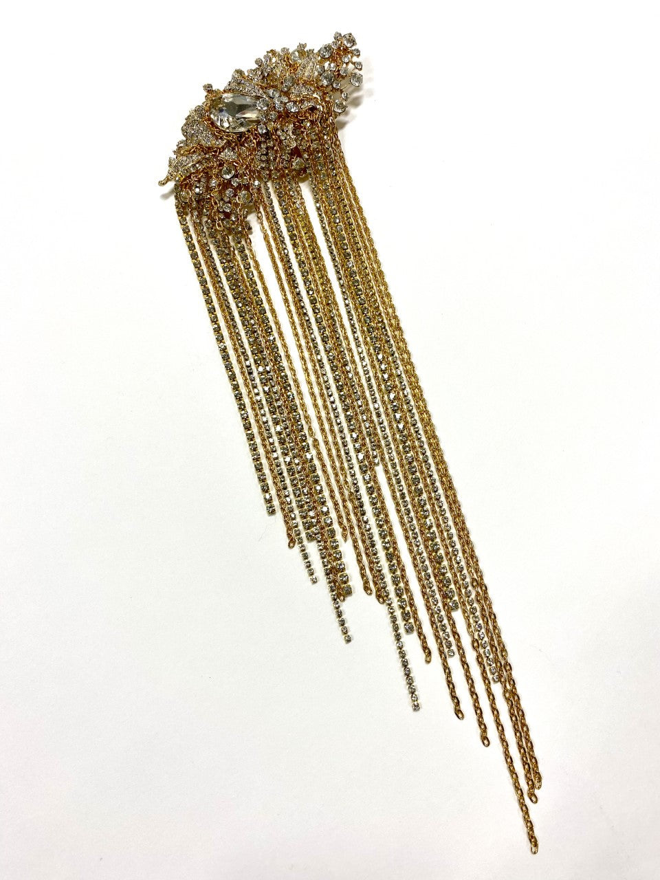 Gold Metal, brooch, crystal cascades, Statement, Artistic, One-of-a-kind, exclusive, and handcrafted, this piece is a unique and collectable work of art. Crafted with the finest quality materials, it is made in Toronto.