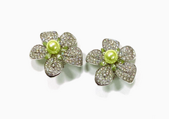 Floral shaped base clip earring with aurora crystal and mint centre glass pearl and Swarovski crystal detail